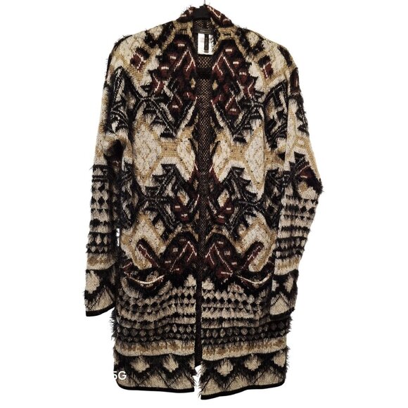 BCBGMAXAZRIA Womens Aztec Pattern Open Front Cardigan Sweater M Oversized Artsy - Picture 1 of 9